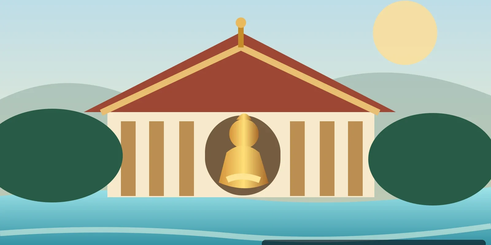Original illustrated Phitsanulok Buddhist temple courtyard by the Nan River with golden shrine architecture, AI-generated image
