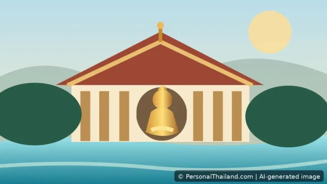 Original illustrated Phitsanulok Buddhist temple courtyard by the Nan River with golden shrine architecture, AI-generated image