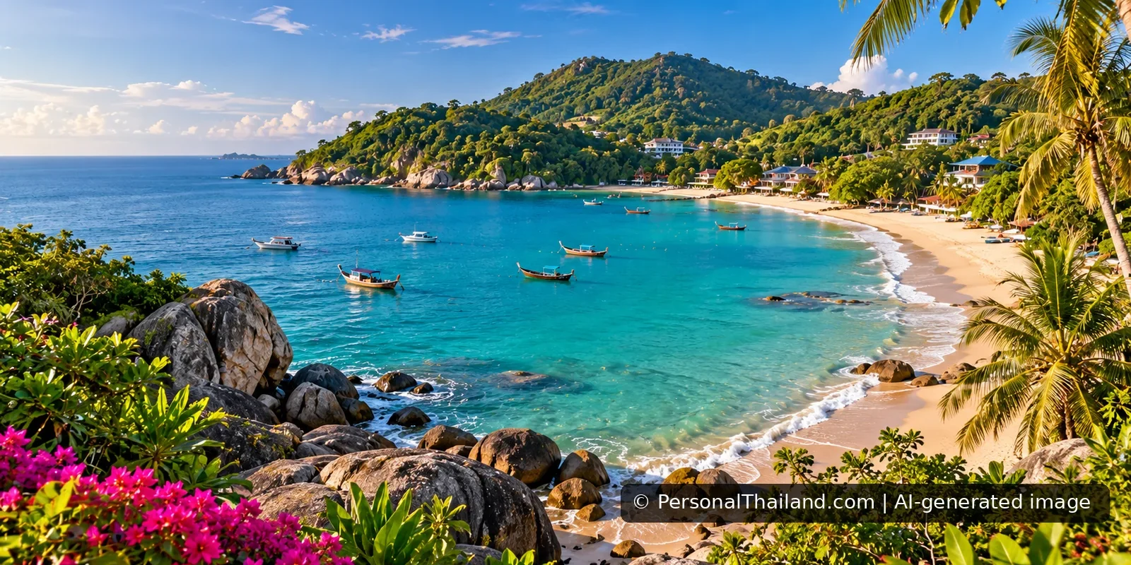 Phuket Island Travel Guide: Beaches, Old Town and Responsible Planning (illustration) AI-generated conceptual Phuket-style Andaman beach, headland and small boats; not an exact beach photograph