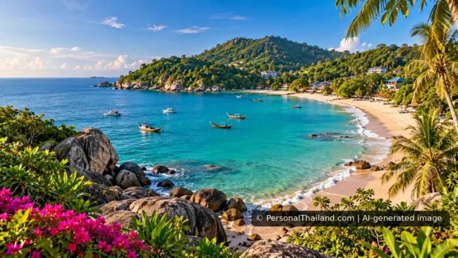AI-generated conceptual Phuket-style Andaman beach, headland and small boats; not an exact beach photograph