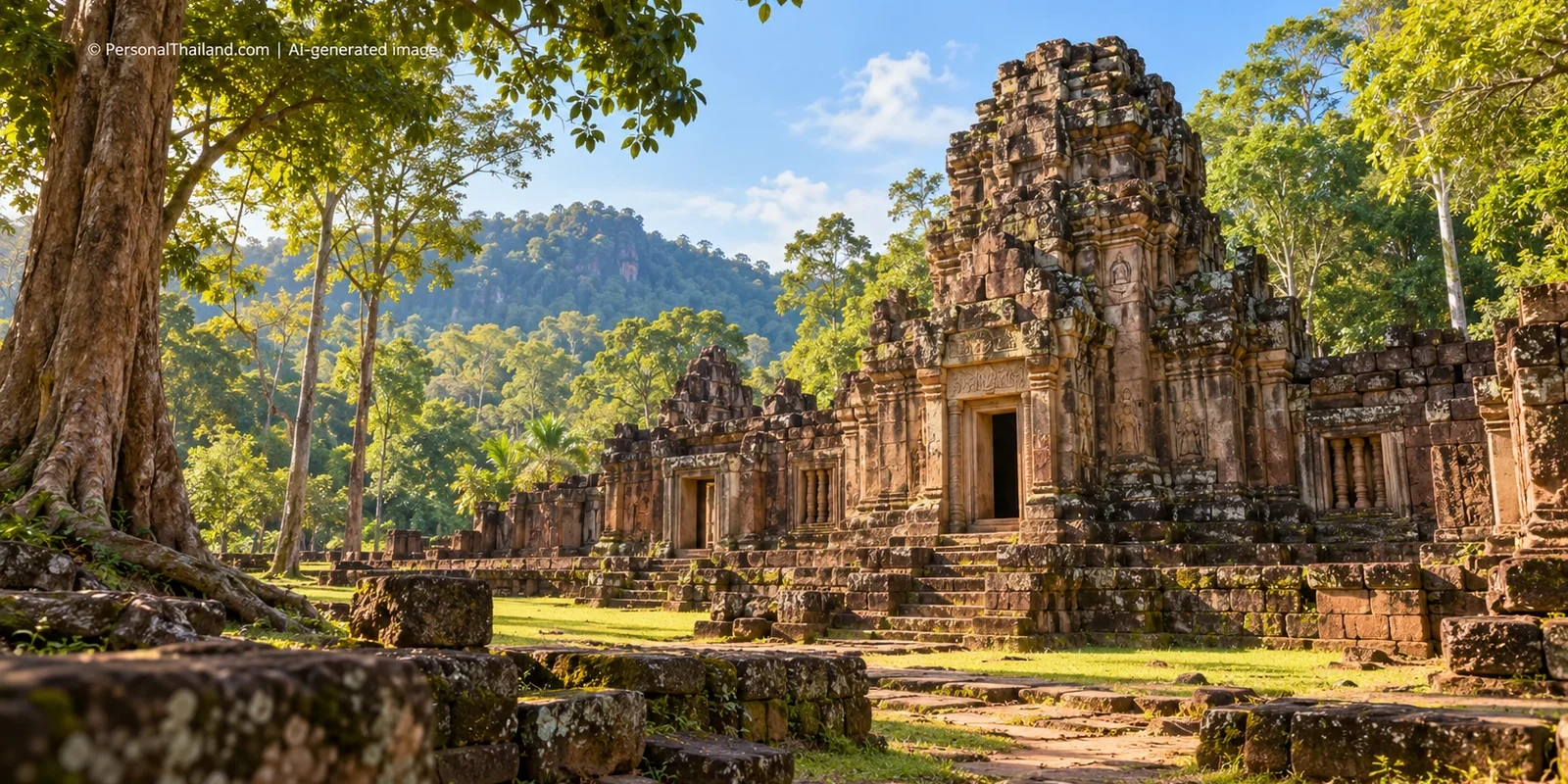 Prachin Buri Travel Guide: Ancient Sites and Forest Escapes (illustration) AI-generated conceptual scenery inspired by Prachin Buri: a weathered Khmer-style sandstone temple ruin in tropical forest (not a photograph of a real place)