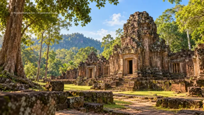AI-generated conceptual scenery inspired by Prachin Buri: a weathered Khmer-style sandstone temple ruin in tropical forest (not a photograph of a real place)
