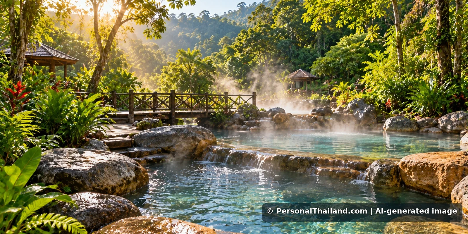 AI-generated conceptual hot spring pools with natural steam and tropical forest in southern Thailand