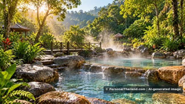 AI-generated conceptual hot spring pools with natural steam and tropical forest in southern Thailand