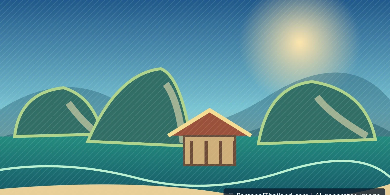 Prachuap Khiri Khan Travel Guide: Bays, Caves and National Parks (illustration) AI-generated editorial illustration of coastal limestone hills, small islands and a seaside walkway inspired by Prachuap Khiri Khan