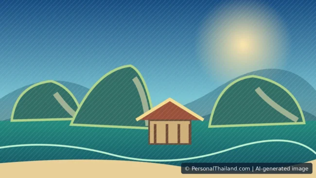 AI-generated editorial illustration of coastal limestone hills, small islands and a seaside walkway inspired by Prachuap Khiri Khan