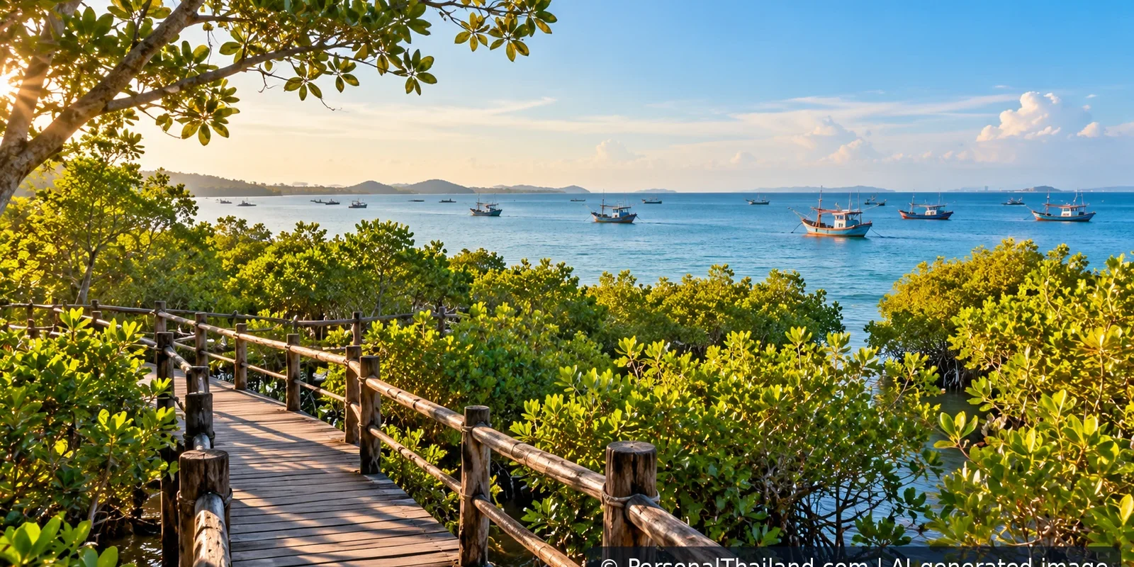 AI-generated editorial coastal mangrove-boardwalk scene with fishing boats, not a documentary photograph of a specific Rayong site