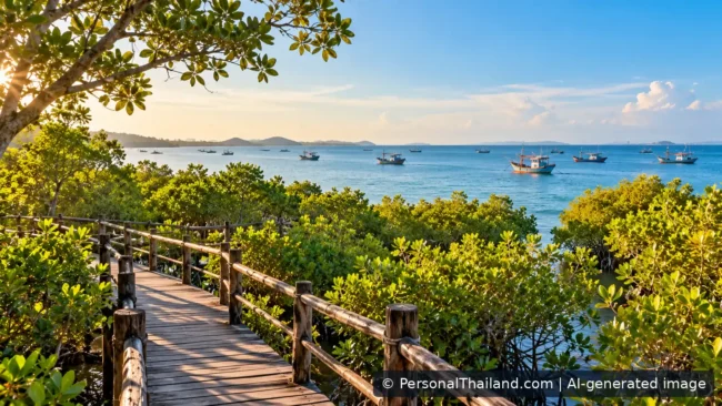 Rayong Travel Guide: Seafood, Ko Samet and Coastal Nature (illustration) AI-generated editorial coastal mangrove-boardwalk scene with fishing boats, not a documentary photograph of a specific Rayong site
