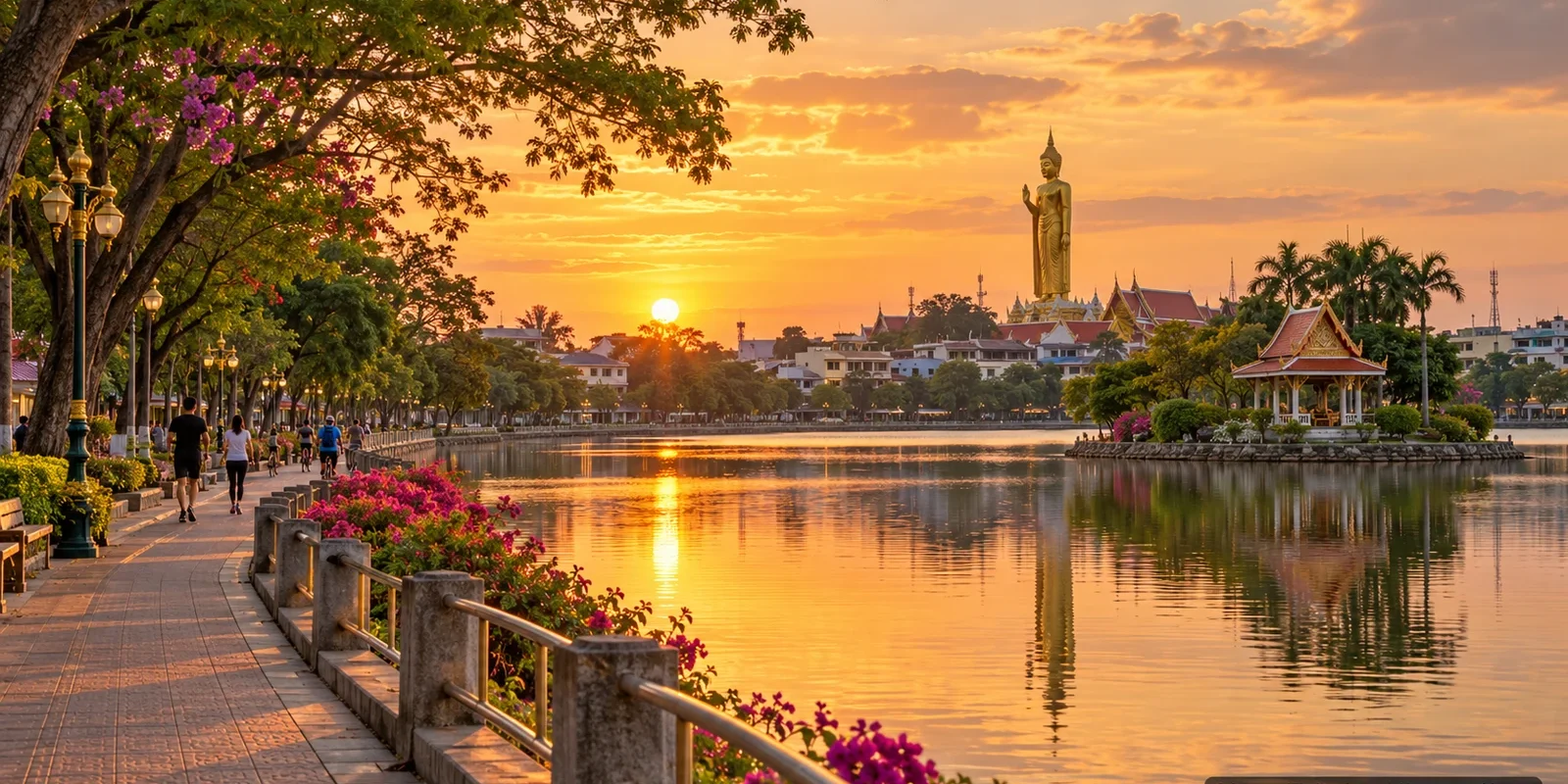 Roi Et Travel Guide: Bung Phlan Chai Lake, Temples and Isan Traditions (illustration) AI-generated conceptual scenery inspired by Roi Et: a lakeside promenade at sunset with a pavilion island and a tall golden standing Buddha above the town (not a photograph of a real place)