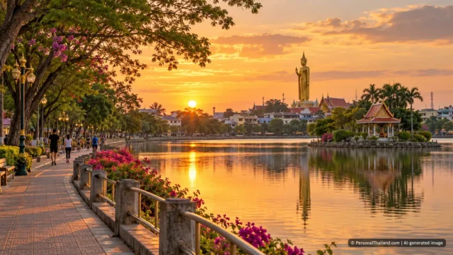 Roi Et Travel Guide: Bung Phlan Chai Lake, Temples and Isan Traditions (illustration) AI-generated conceptual scenery inspired by Roi Et: a lakeside promenade at sunset with a pavilion island and a tall golden standing Buddha above the town (not a photograph of a real place)