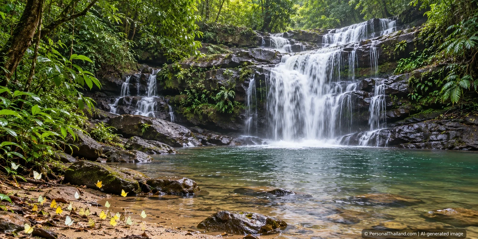 AI-generated conceptual scenery inspired by Pang Sida National Park, Sa Kaeo: a multi-tier forest waterfall with butterflies at the pool edge (not a photograph of a real place)