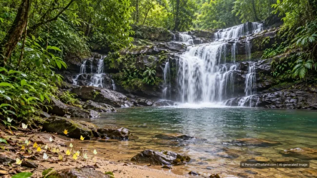 Sa Kaeo Travel Guide: Pang Sida Nature, Khmer Ruins and Border Markets (illustration) AI-generated conceptual scenery inspired by Pang Sida National Park, Sa Kaeo: a multi-tier forest waterfall with butterflies at the pool edge (not a photograph of a real place)