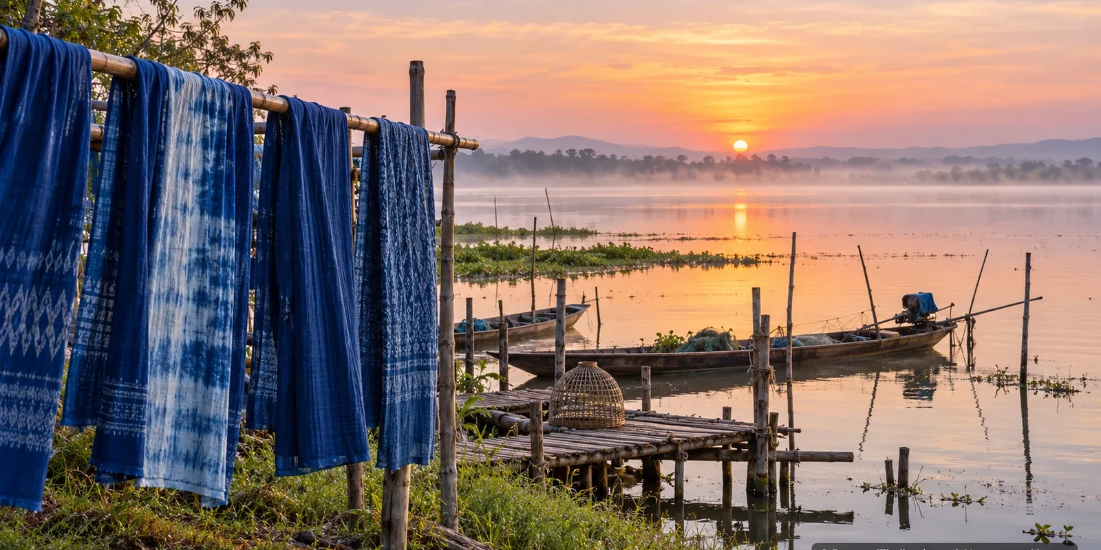 AI-generated conceptual scenery inspired by Sakon Nakhon: indigo-dyed cloth drying on bamboo poles beside a misty lake and fishing boats at sunrise (not a photograph of a real place)