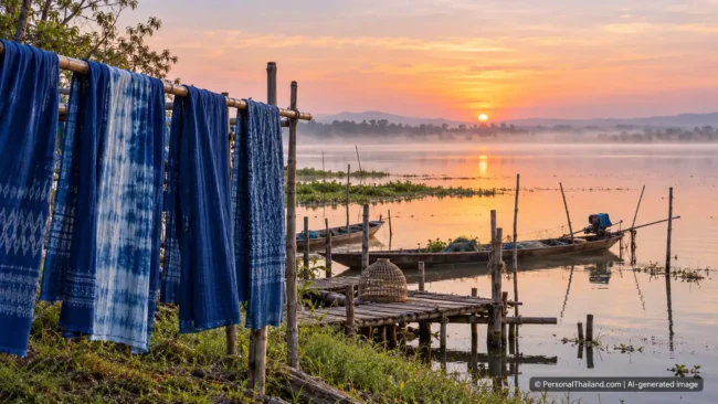 Sakon Nakhon Travel Guide: Indigo Textiles, Nong Han Lake and Temples (illustration) AI-generated conceptual scenery inspired by Sakon Nakhon: indigo-dyed cloth drying on bamboo poles beside a misty lake and fishing boats at sunrise (not a photograph of a real place)