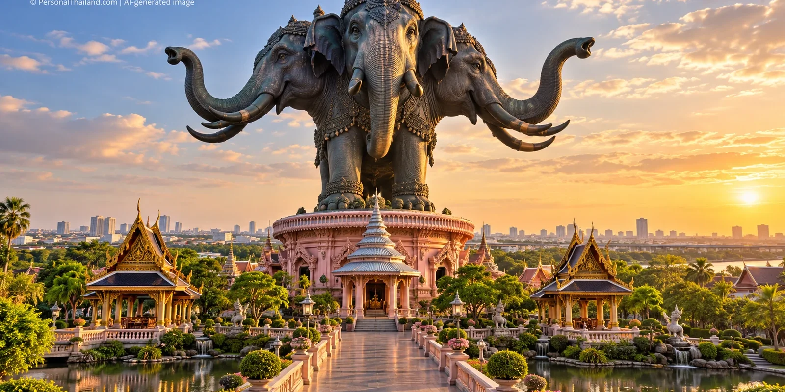 Samut Prakan Travel Guide: Ancient City, Erawan Museum and Bang Krachao (illustration) AI-generated conceptual scenery inspired by the Erawan Museum, Samut Prakan: a giant three-headed elephant sculpture above a pink pavilion and gardens at sunset (not a photograph of the real museum)