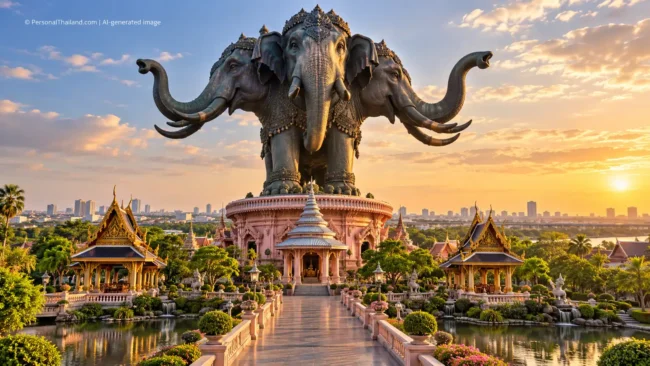 AI-generated conceptual scenery inspired by the Erawan Museum, Samut Prakan: a giant three-headed elephant sculpture above a pink pavilion and gardens at sunset (not a photograph of the real museum)