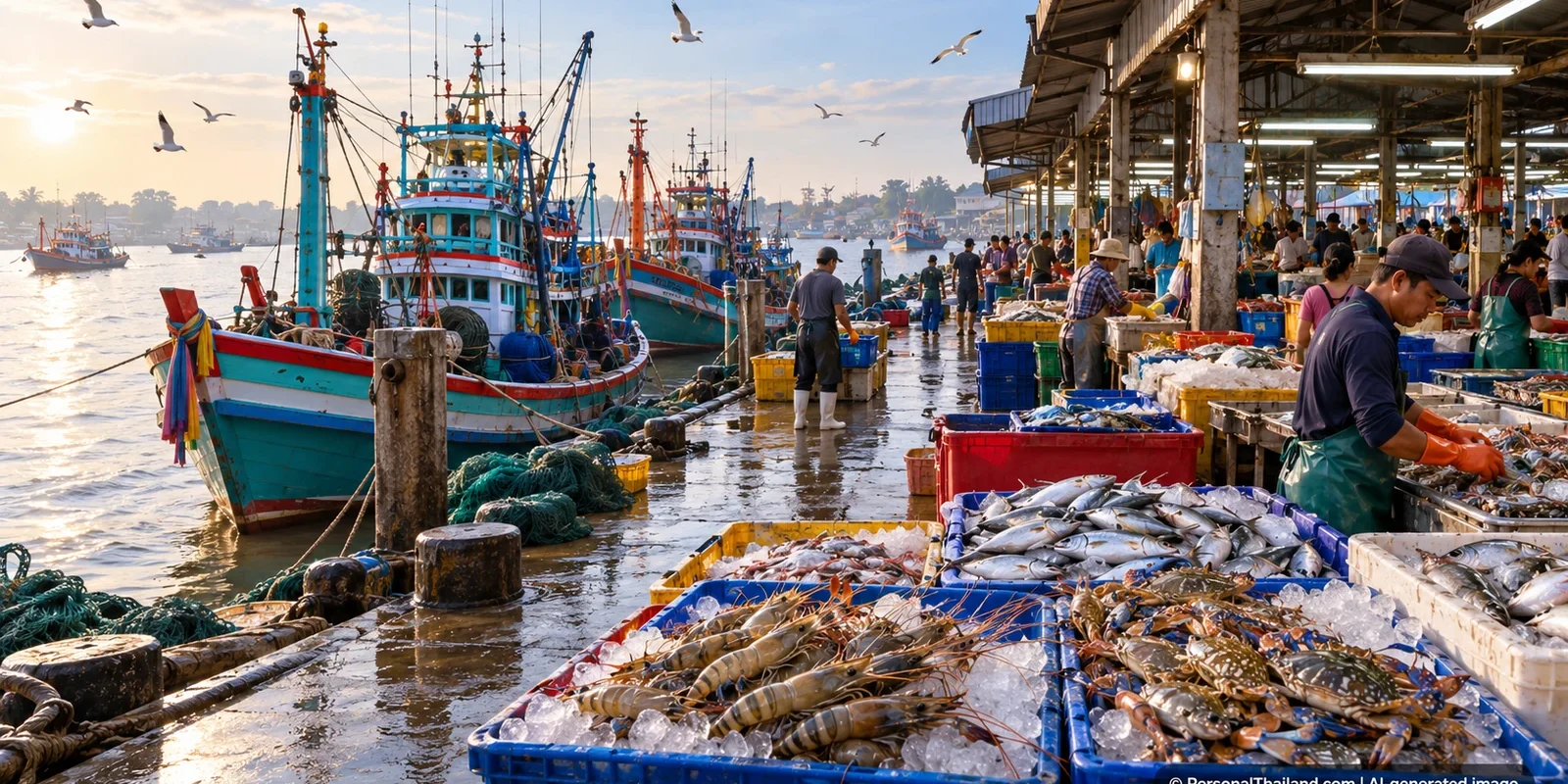 Samut Sakhon Travel Guide: Mahachai Seafood, Tha Chin River and Craft Villages (illustration) AI-generated conceptual scenery inspired by Mahachai, Samut Sakhon: colourful fishing boats at a pier beside a seafood market with crates of fish, prawns and crabs (not a photograph of a real place)