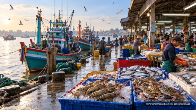 Samut Sakhon Travel Guide: Mahachai Seafood, Tha Chin River and Craft Villages (illustration) AI-generated conceptual scenery inspired by Mahachai, Samut Sakhon: colourful fishing boats at a pier beside a seafood market with crates of fish, prawns and crabs (not a photograph of a real place)