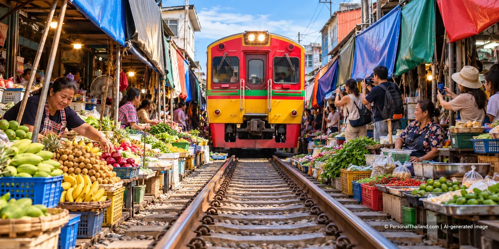 Vendors and market stalls lining the tracks as a red and yellow train approaches at Maeklong Railway Market, Samut Songkhram — AI-generated illustration