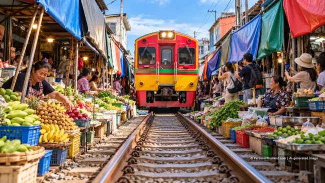 Samut Songkhram Travel Guide: Railway Market, Amphawa and Canal Life (illustration) Vendors and market stalls lining the tracks as a red and yellow train approaches at Maeklong Railway Market, Samut Songkhram — AI-generated illustration