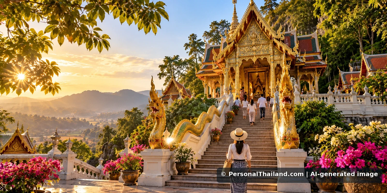AI-generated conceptual view of an ornate Thai temple and visitors amid greenery, inspired by central Thailand