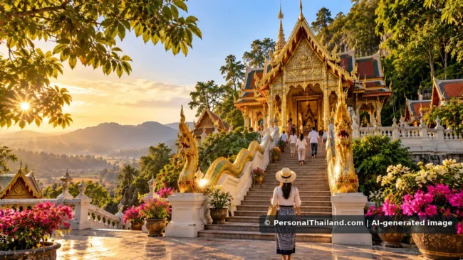 AI-generated conceptual view of an ornate Thai temple and visitors amid greenery, inspired by central Thailand