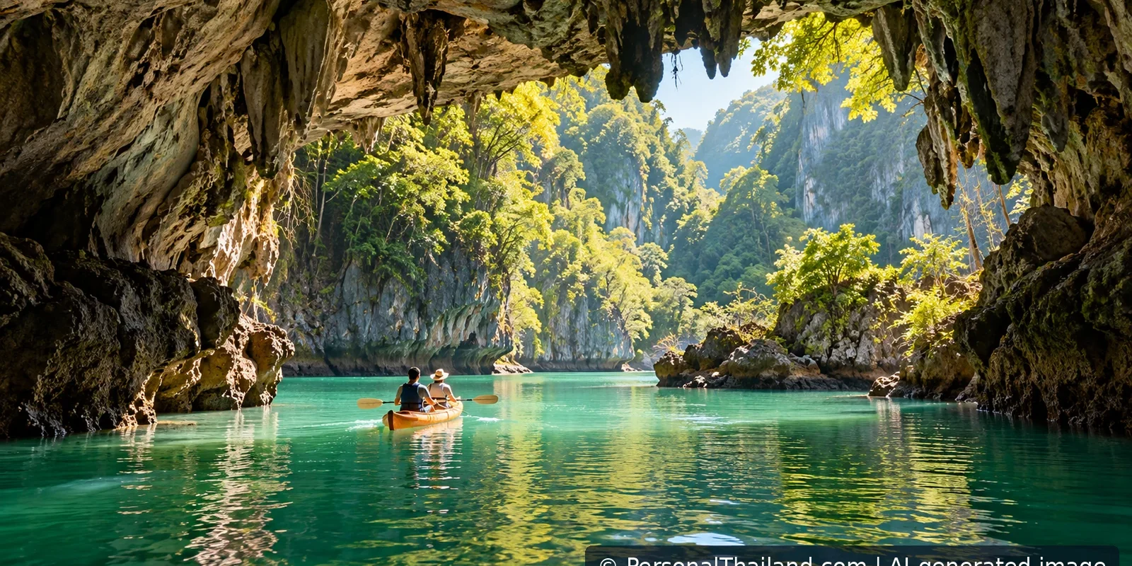 Satun Travel Guide: Tarutao Islands, Geopark and Cave Adventures (illustration) AI-generated conceptual illustration of kayaking from a limestone cave into a green lagoon; not an actual photograph of Le Stegodon Cave