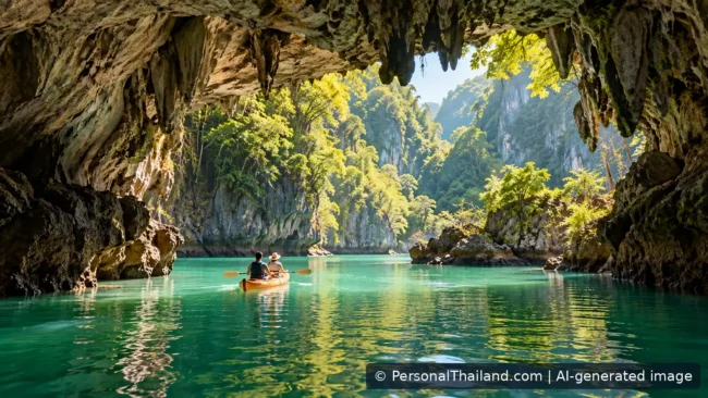AI-generated conceptual illustration of kayaking from a limestone cave into a green lagoon; not an actual photograph of Le Stegodon Cave