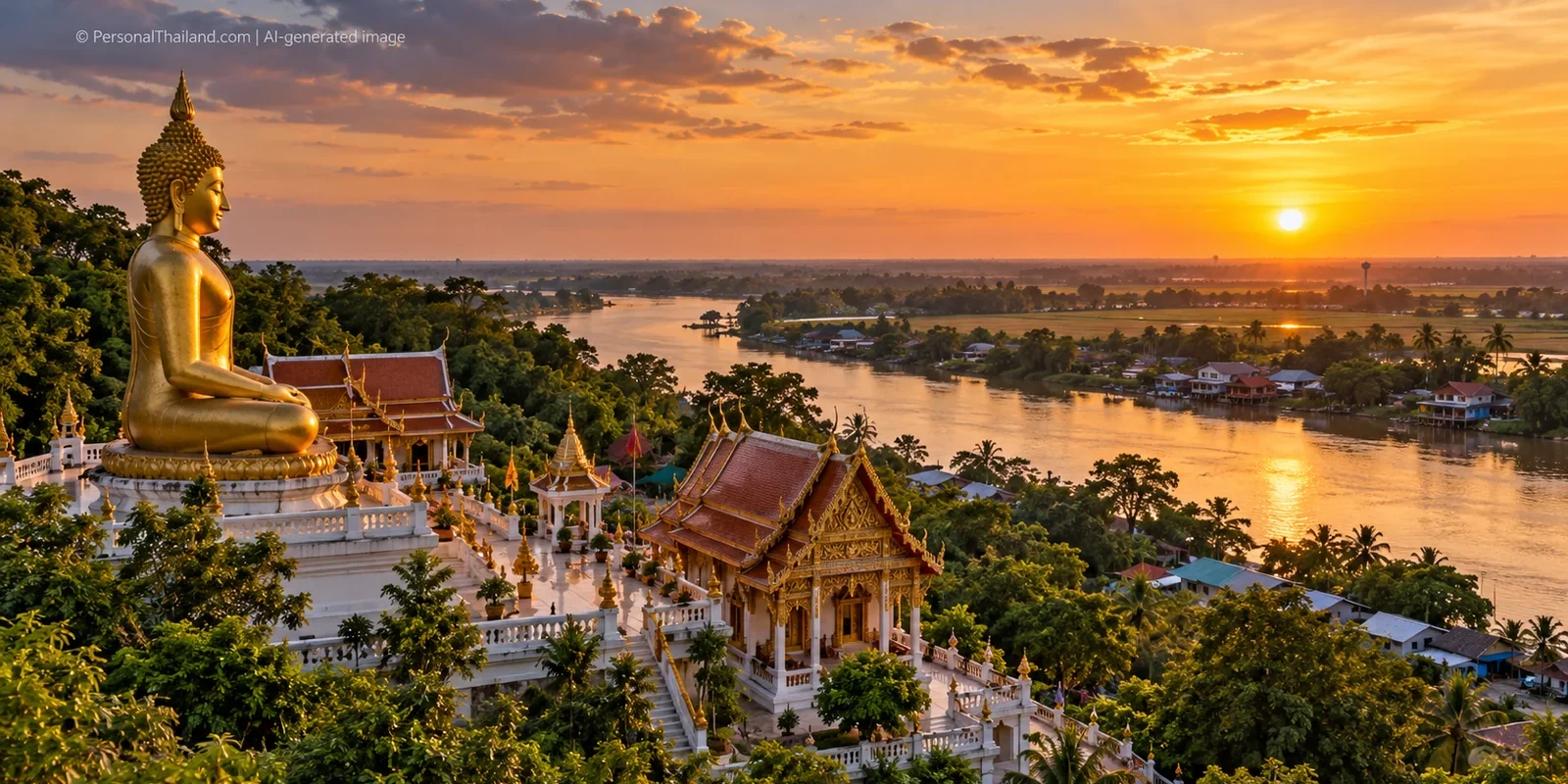 Sing Buri Travel Guide: Temples, Bang Rachan and Central Thailand Food (illustration) AI-generated conceptual scenery inspired by Sing Buri: a large seated golden Buddha above a temple complex and a wide river at sunset (not a photograph of a real place)