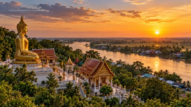 AI-generated conceptual scenery inspired by Sing Buri: a large seated golden Buddha above a temple complex and a wide river at sunset (not a photograph of a real place)