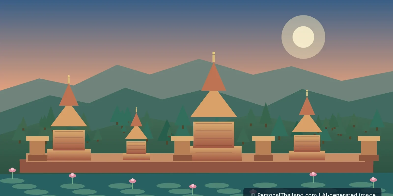 AI-generated editorial illustration of historical brick stupas and temple ruins in a Sukhothai-style park landscape
