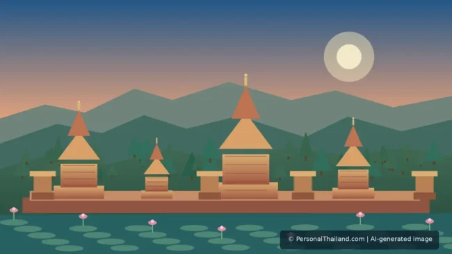 AI-generated editorial illustration of historical brick stupas and temple ruins in a Sukhothai-style park landscape