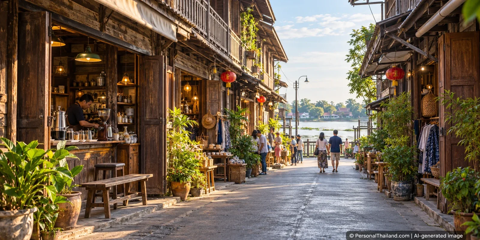 AI-generated conceptual scenery inspired by Sam Chuk Old Market, Suphan Buri: a lane of old wooden shophouses leading to a riverside (not a photograph of a real place)