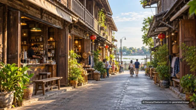 AI-generated conceptual scenery inspired by Sam Chuk Old Market, Suphan Buri: a lane of old wooden shophouses leading to a riverside (not a photograph of a real place)