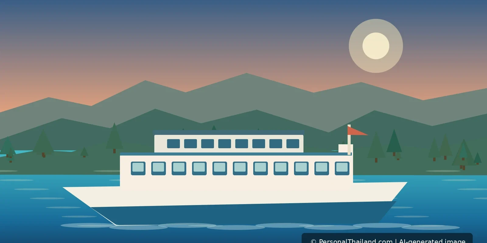 Surat Thani Travel Guide: Koh Samui, Koh Phangan and the Mainland (illustration) AI-generated editorial illustration of a passenger ferry approaching green Gulf of Thailand islands near Surat Thani