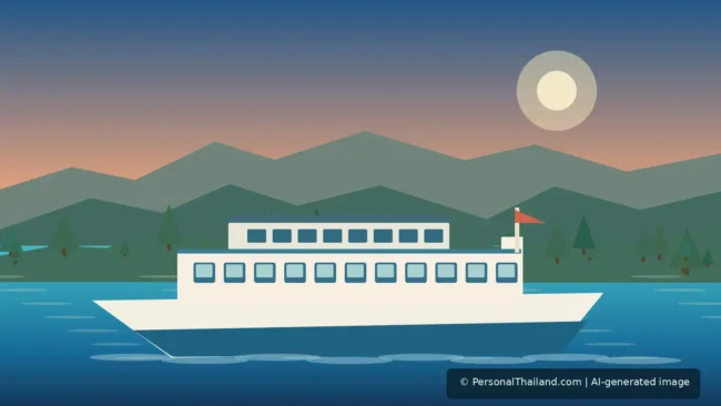 AI-generated editorial illustration of a passenger ferry approaching green Gulf of Thailand islands near Surat Thani