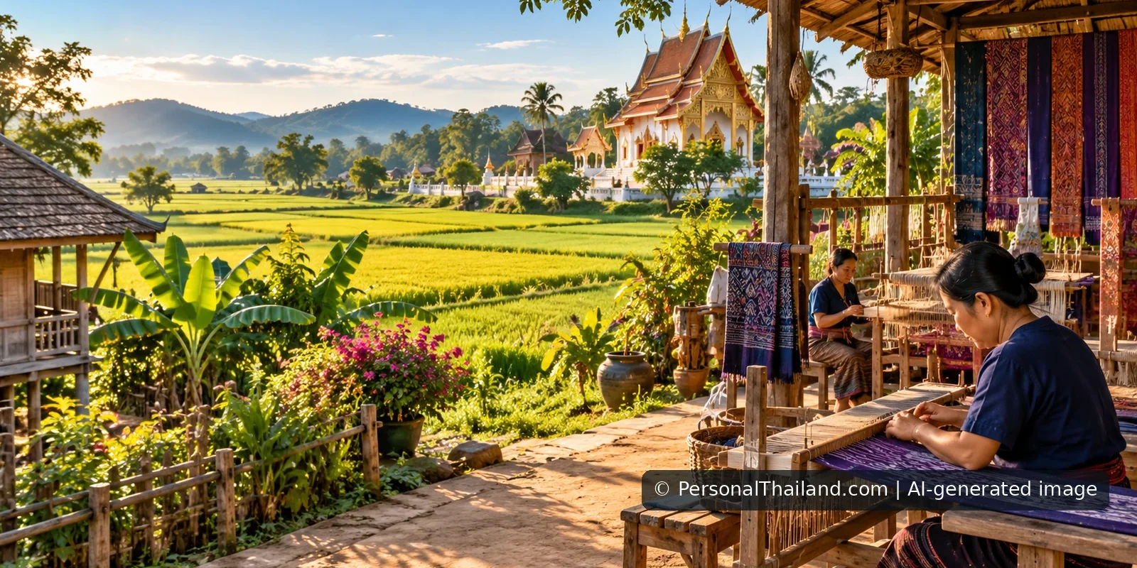 Surin Travel Guide: Silk, Elephant Heritage and Khmer Temples (illustration) AI-generated image: Artisan working at a wooden loom (conceptual weaving scene, not an identified Surin workshop)