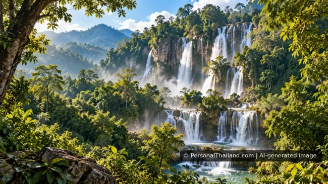 AI-generated conceptual tropical forest and tiered waterfall inspired by Tak province; not an exact photograph of Thi Lo Su