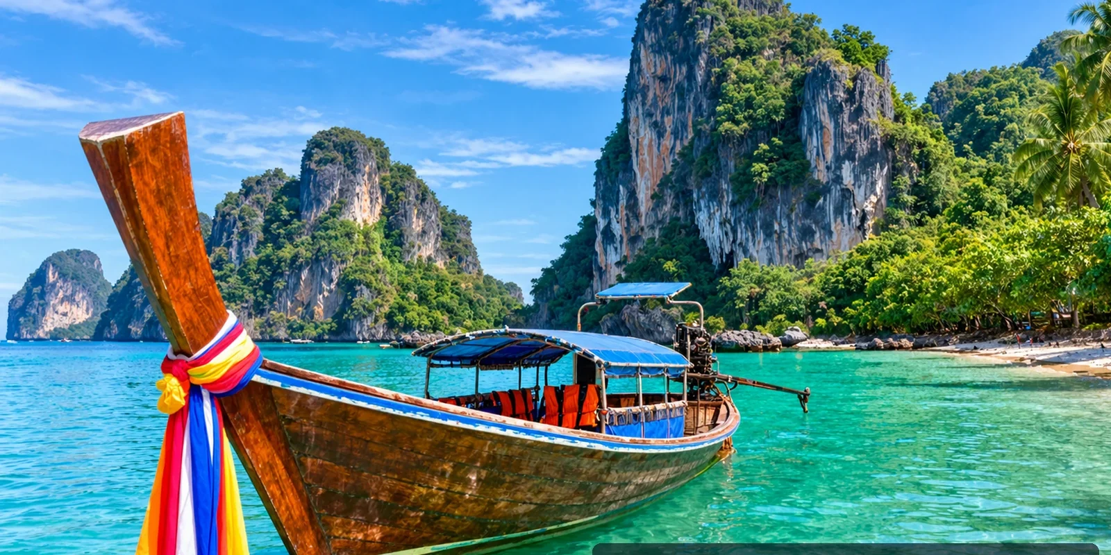 Trang Travel Guide: Island Beaches, Emerald Cave and Mainland Culture (illustration) Tropical Andaman island scene with a traditional longtail boat, clear water and limestone headlands, AI-generated illustration