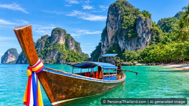Tropical Andaman island scene with a traditional longtail boat, clear water and limestone headlands, AI-generated illustration