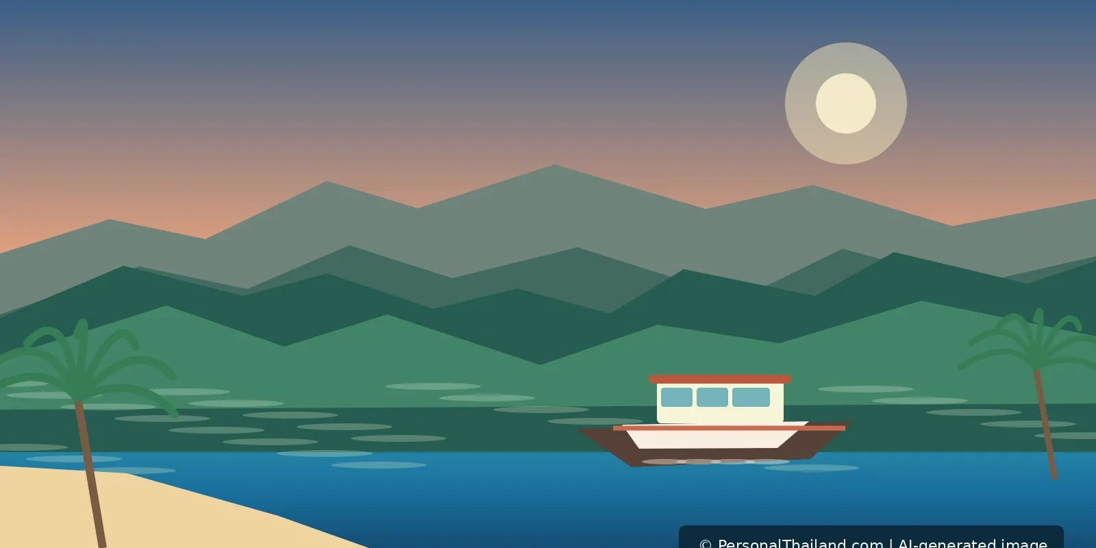 Trat Travel Guide: Koh Chang, Koh Mak and the Eastern Islands (illustration) AI-generated editorial illustration of gentle forested Gulf of Thailand islands and a beach ferry, inspired by Trat province