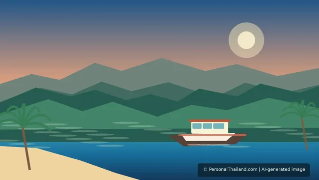Trat Travel Guide: Koh Chang, Koh Mak and the Eastern Islands (illustration) AI-generated editorial illustration of gentle forested Gulf of Thailand islands and a beach ferry, inspired by Trat province
