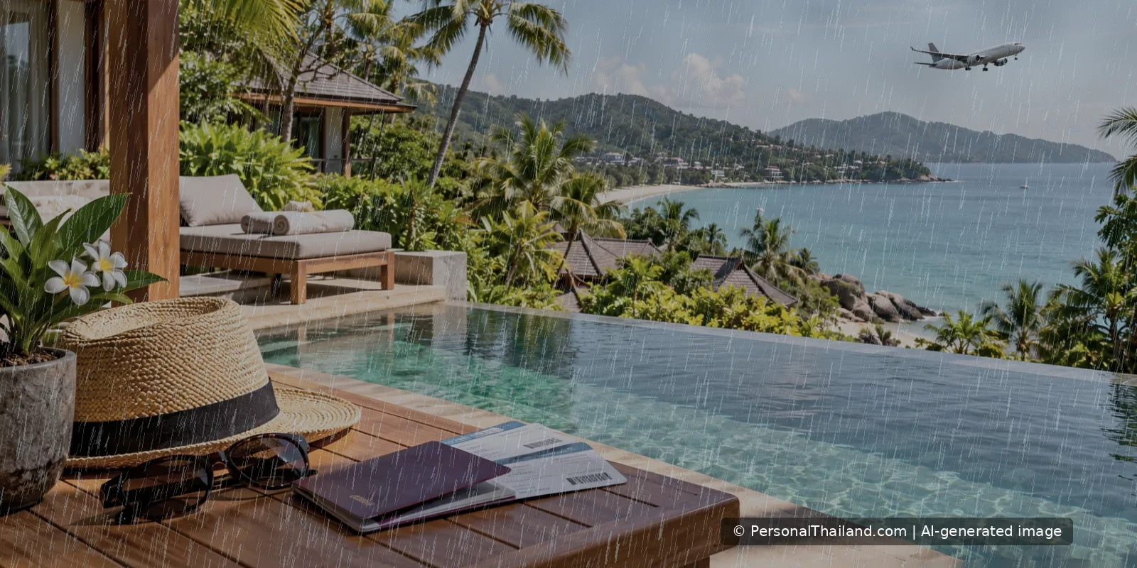 Heavy Rain on Koh Samui: Flooding, Road Travel and Weather Checks Conceptual AI scene of heavy rain over tropical coastal accommodation in Thailand, illustrating travel weather risks