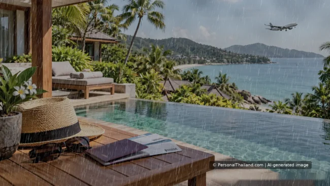 Conceptual AI scene of heavy rain over tropical coastal accommodation in Thailand, illustrating travel weather risks