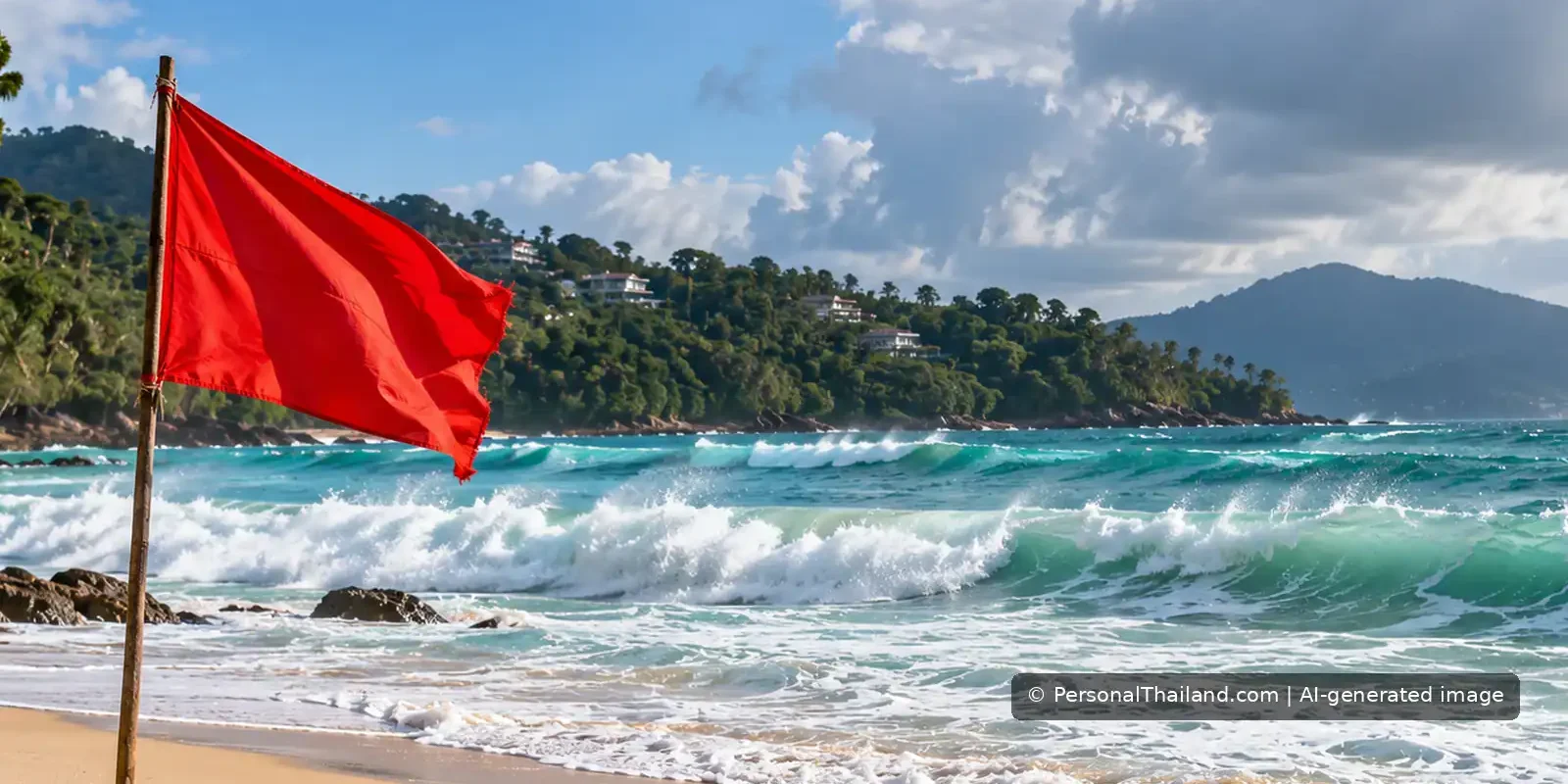Phuket Beach Safety: Red Flags, Rip Currents and Swimming Risks Red swimming warning flag at a Thai tropical beach with rough waves and a green headland.