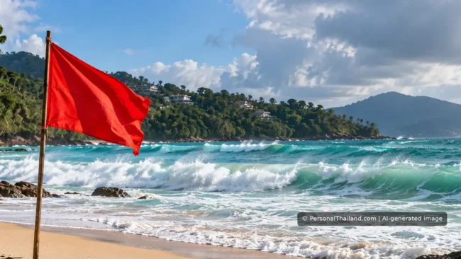 Red swimming warning flag at a Thai tropical beach with rough waves and a green headland.