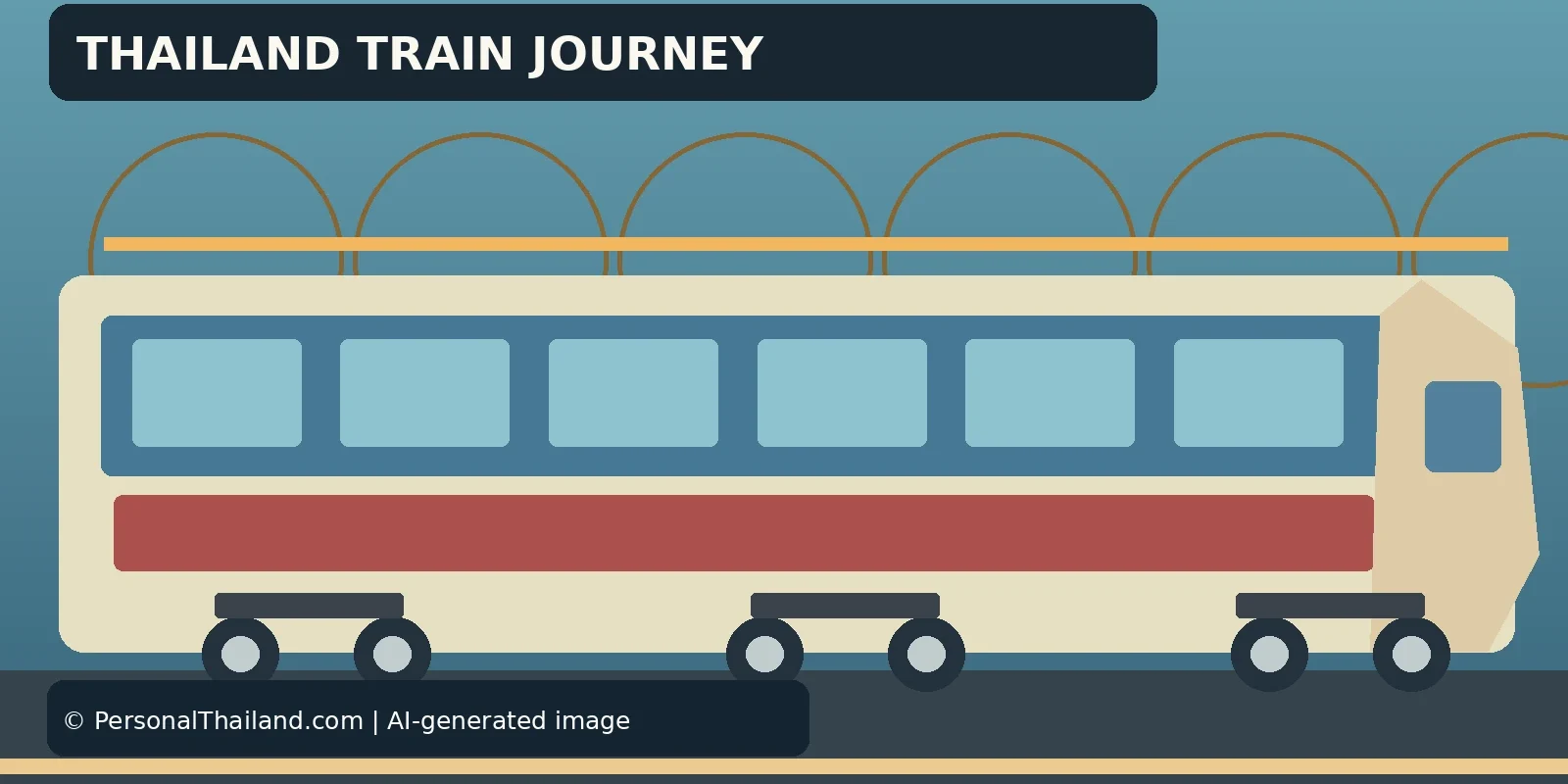 AI-created illustration of a cream and red passenger train on a track, under the heading 'Thailand Train Journey'