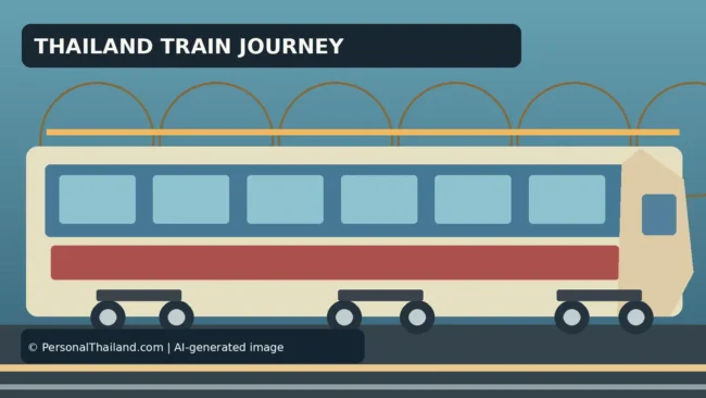AI-created illustration of a cream and red passenger train on a track, under the heading 'Thailand Train Journey'