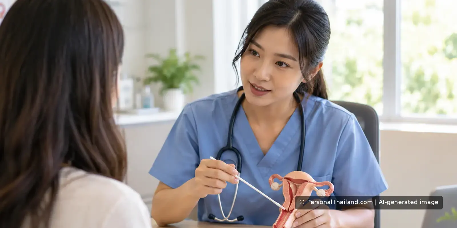 Pap Smears and HPV Tests in Thailand: A Cervical Screening Guide Clinician explaining cervical screening to a patient with a reproductive anatomy model in a bright consultation room.