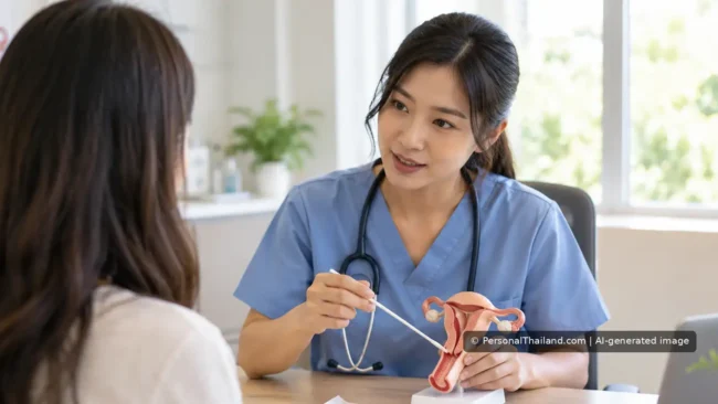 Clinician explaining cervical screening to a patient with a reproductive anatomy model in a bright consultation room.